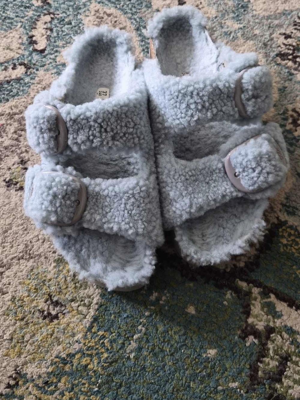 Papillio Birkenstock Arizona Size 37 Sherpa Double Strap Slides - Light Blue